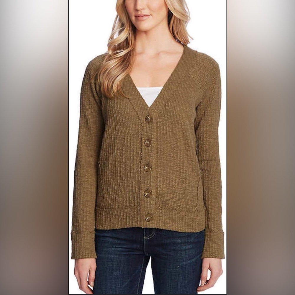 Two by Vince Textured Knit Button Down Cardigan in Tan Olive Green. Size XL